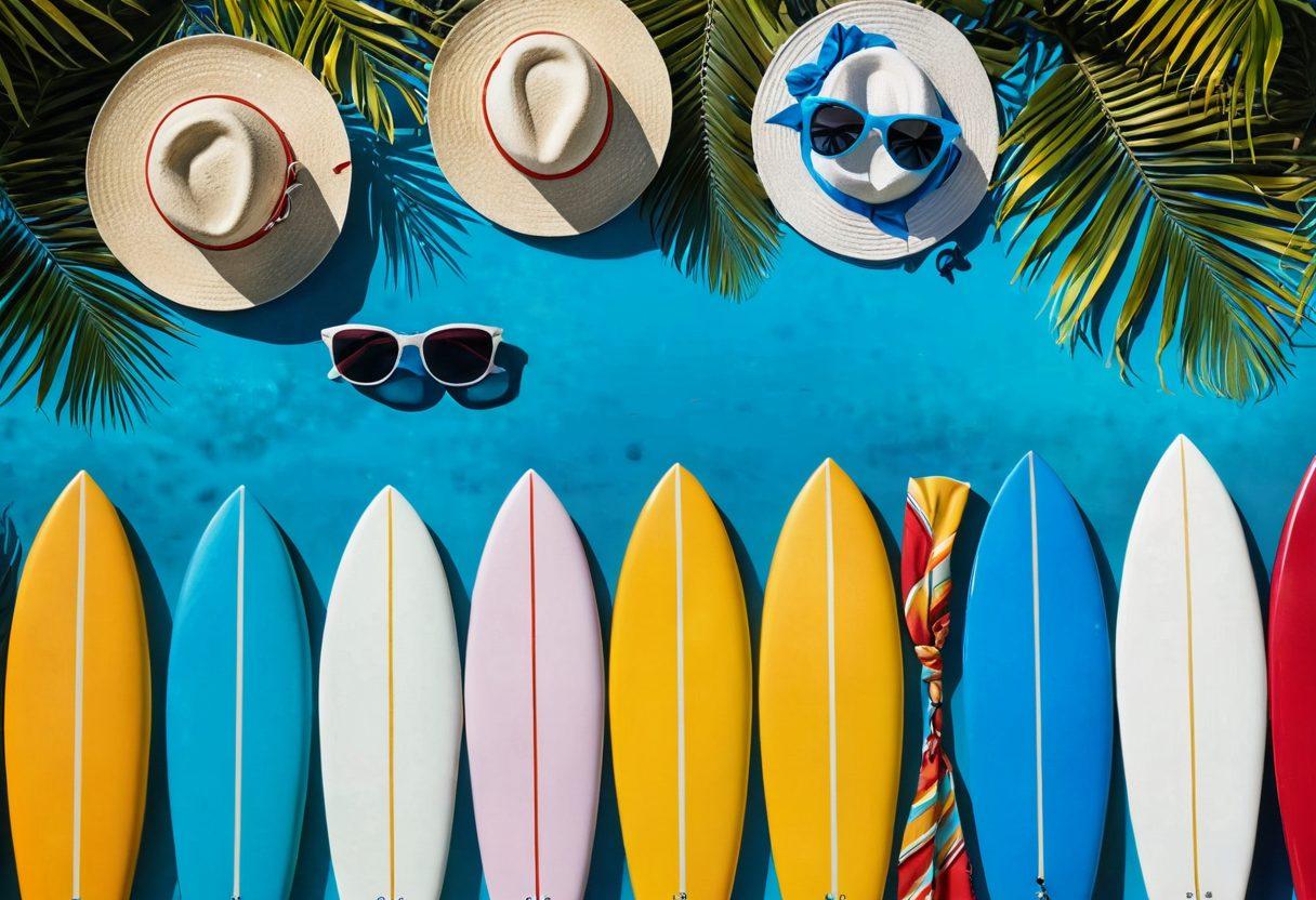 A vibrant beach scene featuring a variety of colorful and trendy bikinis displayed on surfboards, with a sunlit horizon and crystal blue waves in the background. Include an assortment of summer accessories like sunglasses, beach hats, and tropical drinks to convey a fun vacation vibe. The composition should evoke a sense of adventure and relaxation, appealing to summer fashion enthusiasts. super-realistic. vibrant colors. white background.
