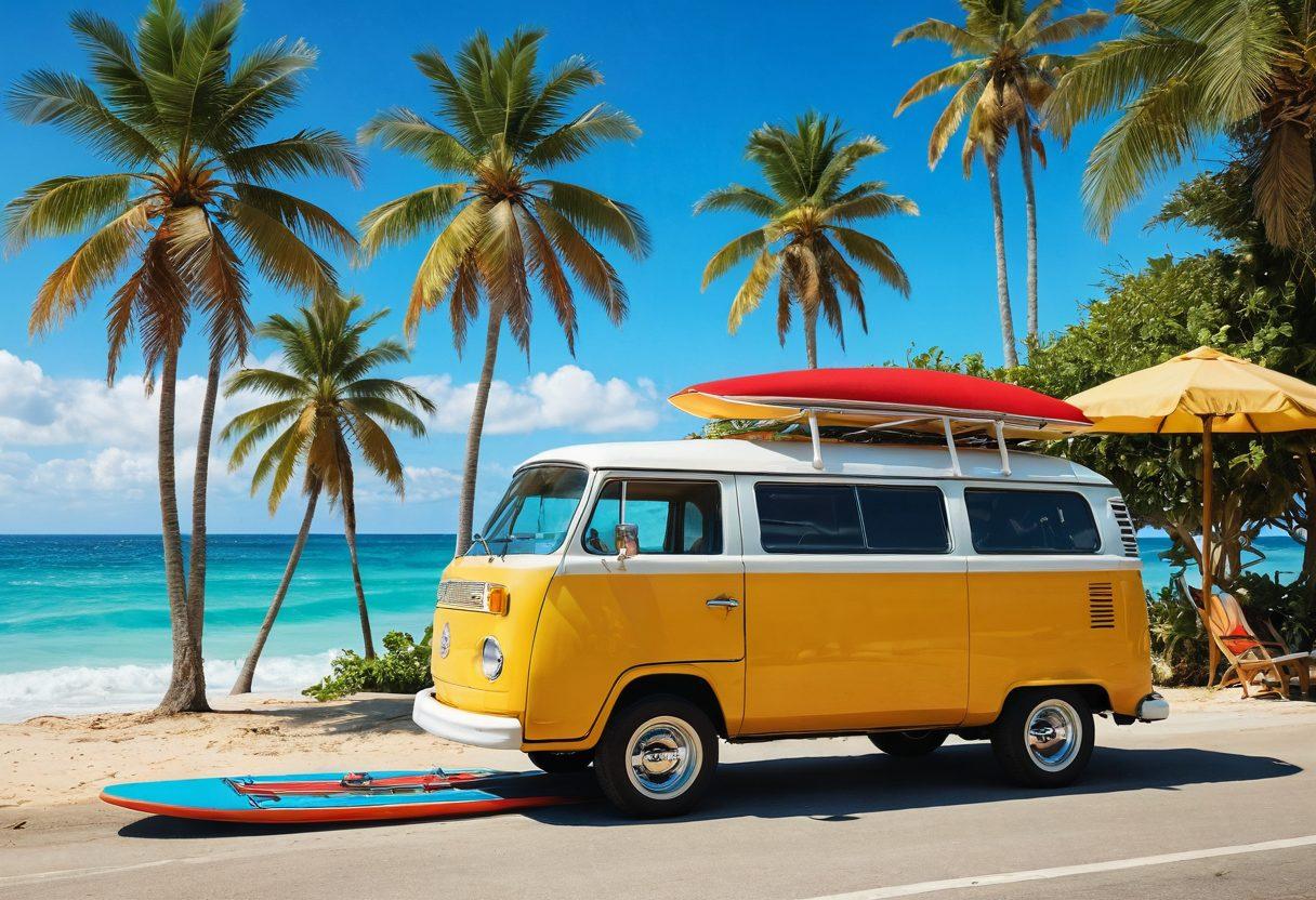 A vibrant beach scene featuring a stylish road trip van parked alongside a sun-soaked beach. Display an array of colorful beachwear like swimsuits, hats, and sunglasses laid out on a vintage surfboard. In the background, show palm trees swaying in the breeze and people having fun by the water. Include a clear blue sky with fluffy clouds to evoke a sense of adventure. super-realistic. vibrant colors. 3D.